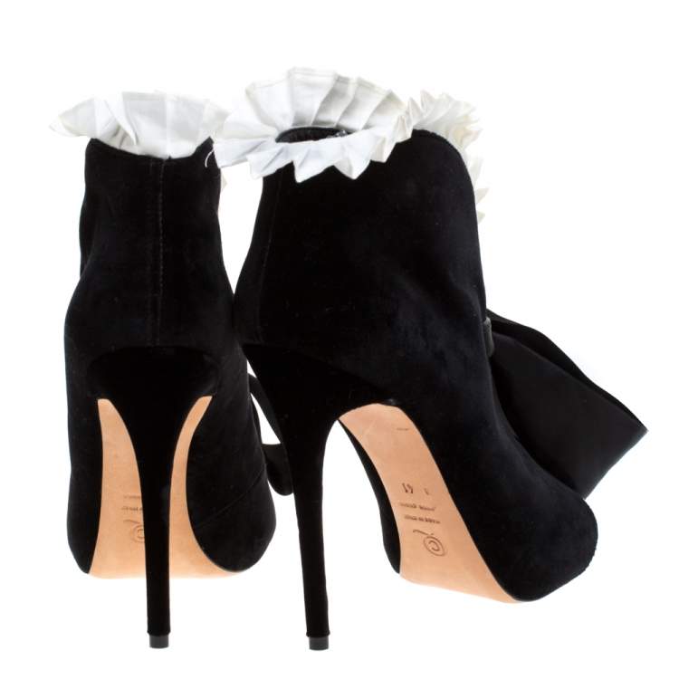 Pre Owned Alexander McQueen Black Velvet Frill Detail Open Toe Ankle Boots Size 41