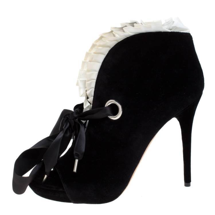 Pre Owned Alexander McQueen Black Velvet Frill Detail Open Toe Ankle Boots Size 41