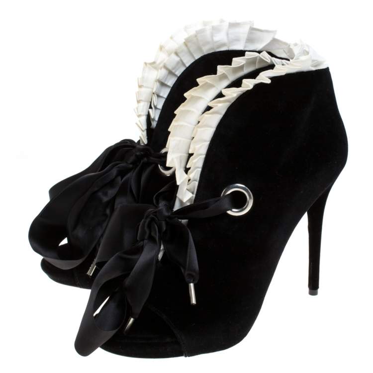 Pre Owned Alexander McQueen Black Velvet Frill Detail Open Toe Ankle Boots Size 41