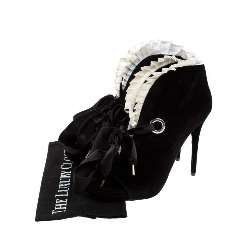 Pre Owned Alexander McQueen Black Velvet Frill Detail Open Toe Ankle Boots Size 41