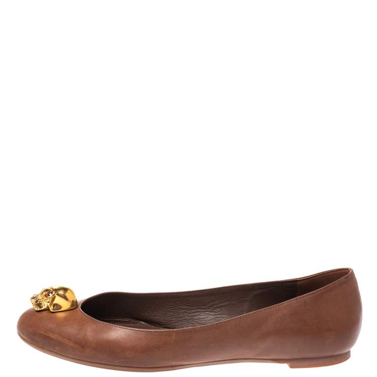 Pre Owned Alexander McQueen Brown Leather Skull Ballet Flats Size 38.5