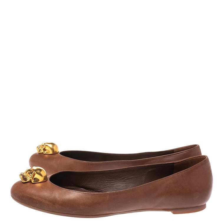 Pre Owned Alexander McQueen Brown Leather Skull Ballet Flats Size 38.5