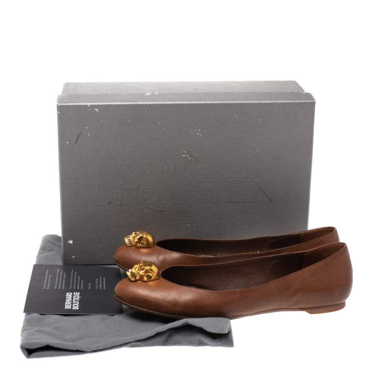 Pre Owned Alexander McQueen Brown Leather Skull Ballet Flats Size 38.5
