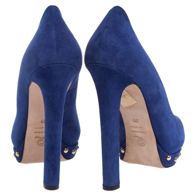Pre Owned Alexander McQueen Blue Suede Crystal Embellished Skull Peep Toe Platform Pumps Size 38