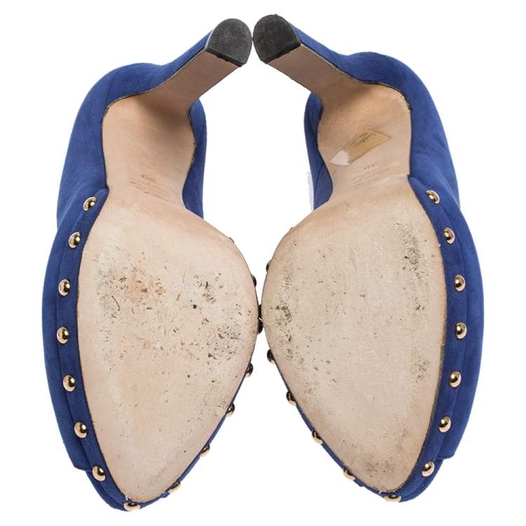 Pre Owned Alexander McQueen Blue Suede Crystal Embellished Skull Peep Toe Platform Pumps Size 38