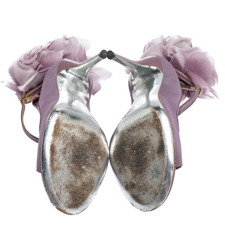 Pre Owned Alexander McQueen Purple Mesh And Patent Leather Trim Floral Embellished Peep-Toe Ankle Strap Pumps Size 38