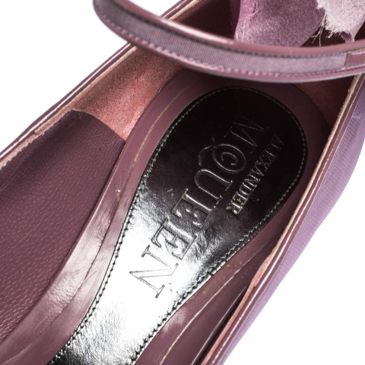 Pre Owned Alexander McQueen Purple Mesh And Patent Leather Trim Floral Embellished Peep-Toe Ankle Strap Pumps Size 38