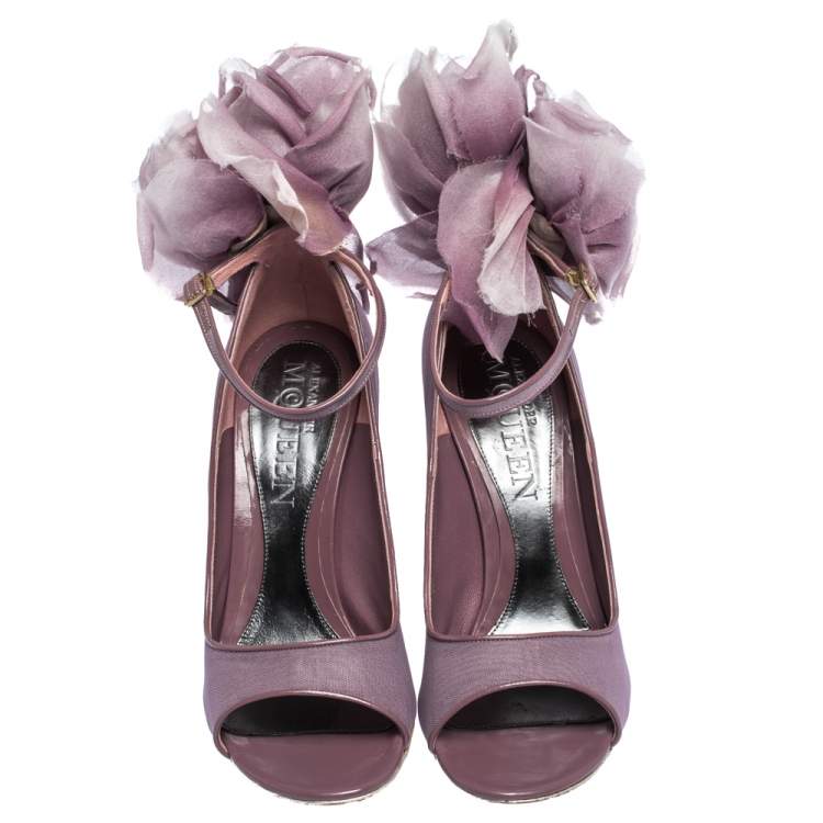 Pre Owned Alexander McQueen Purple Mesh And Patent Leather Trim Floral Embellished Peep-Toe Ankle Strap Pumps Size 38