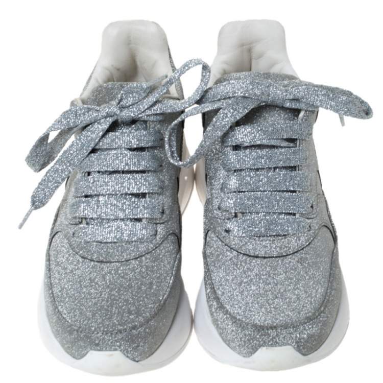 Pre Owned Alexander McQueen Silver Glitter Platform Lace Up Sneakers Size 35