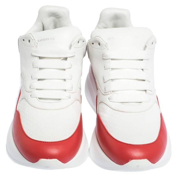 Pre Owned Alexander McQueen White/Red Leather And Mesh Oversized Runner Low Top Sneakers Size 40