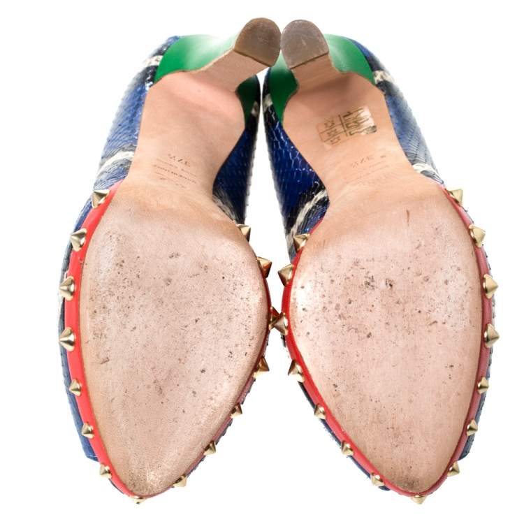 Pre Owned Alexander McQueen Multicolor Python Leather Crystal Skull Peep Toe Pumps Size 37.5