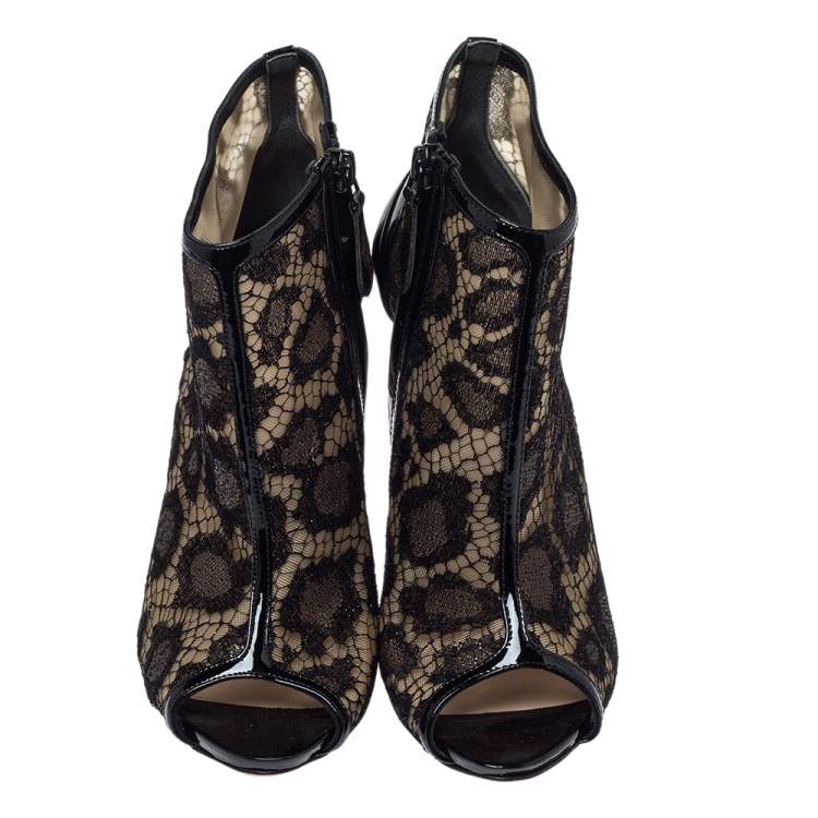 Pre Owned Alexander McQueen Black Lace And Patent Leather Peep Toe Booties Size 38