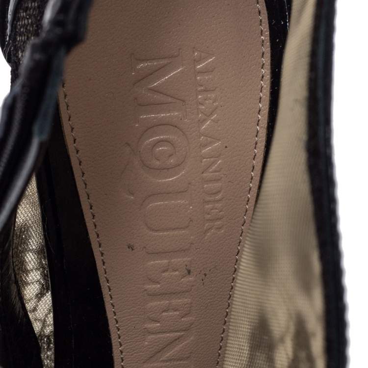 Pre Owned Alexander McQueen Black Lace And Patent Leather Peep Toe Booties Size 38