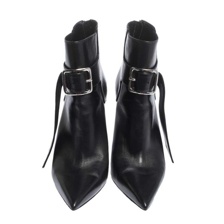 Pre Owned Alexander McQueen Black Leather Buckle Pointed Toe Booties Size 40