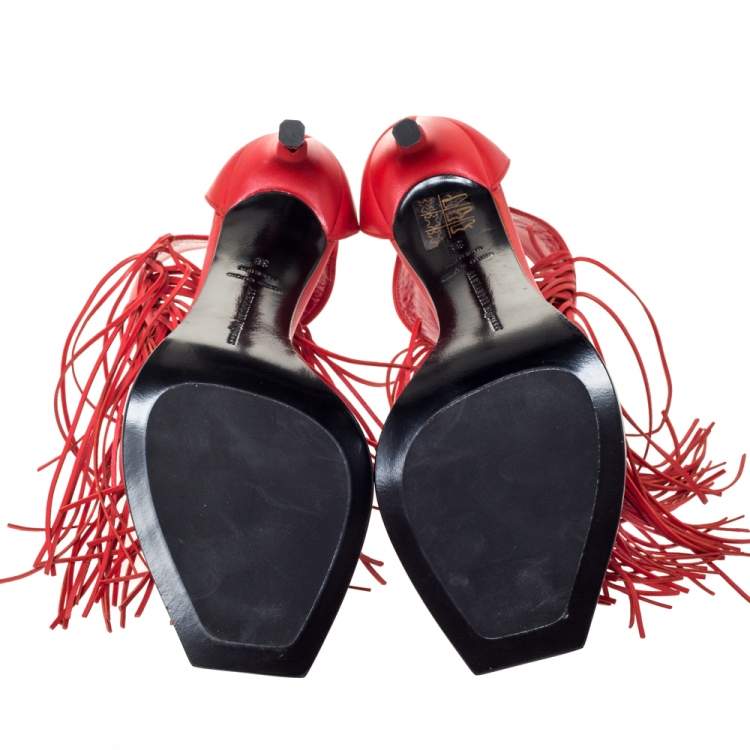 Pre Owned Alexander McQueen Red Leather Fringe Detail Sandals Size 38