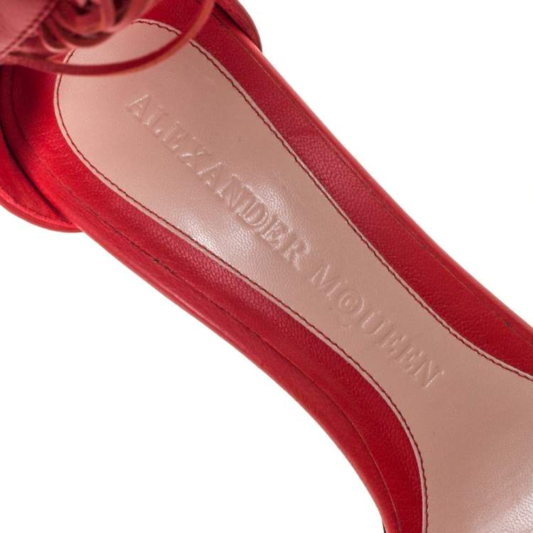 Pre Owned Alexander McQueen Red Leather Fringe Detail Sandals Size 38