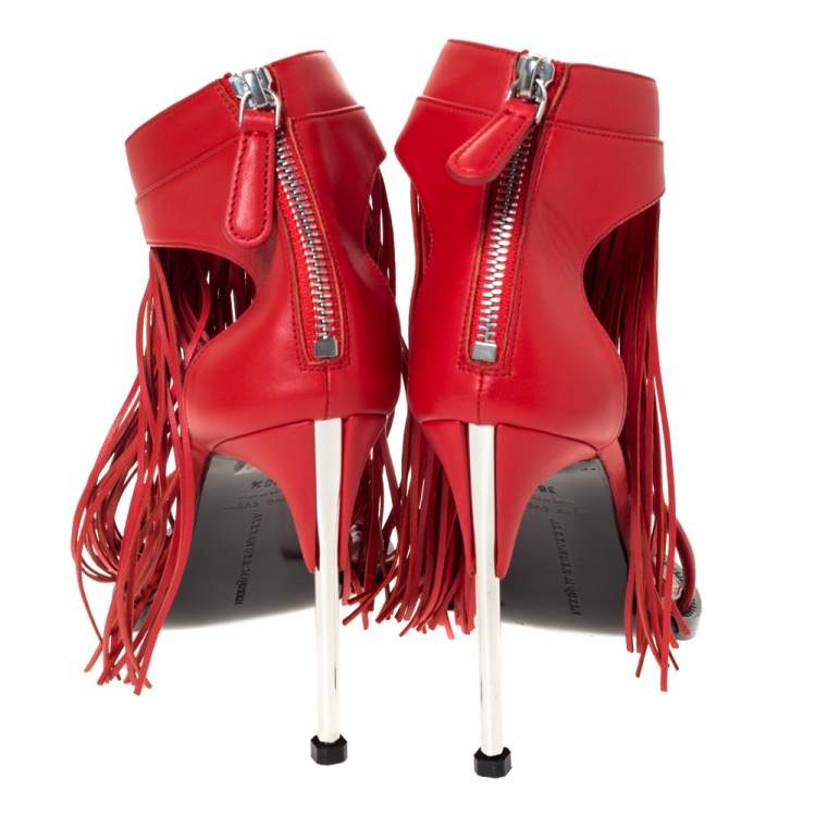 Pre Owned Alexander McQueen Red Leather Fringe Detail Sandals Size 38