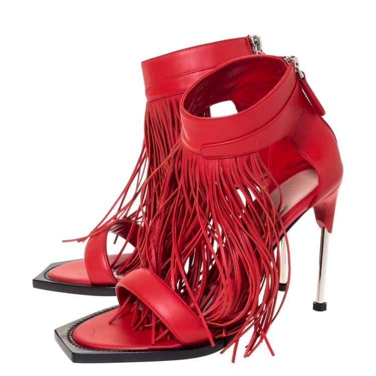 Pre Owned Alexander McQueen Red Leather Fringe Detail Sandals Size 38