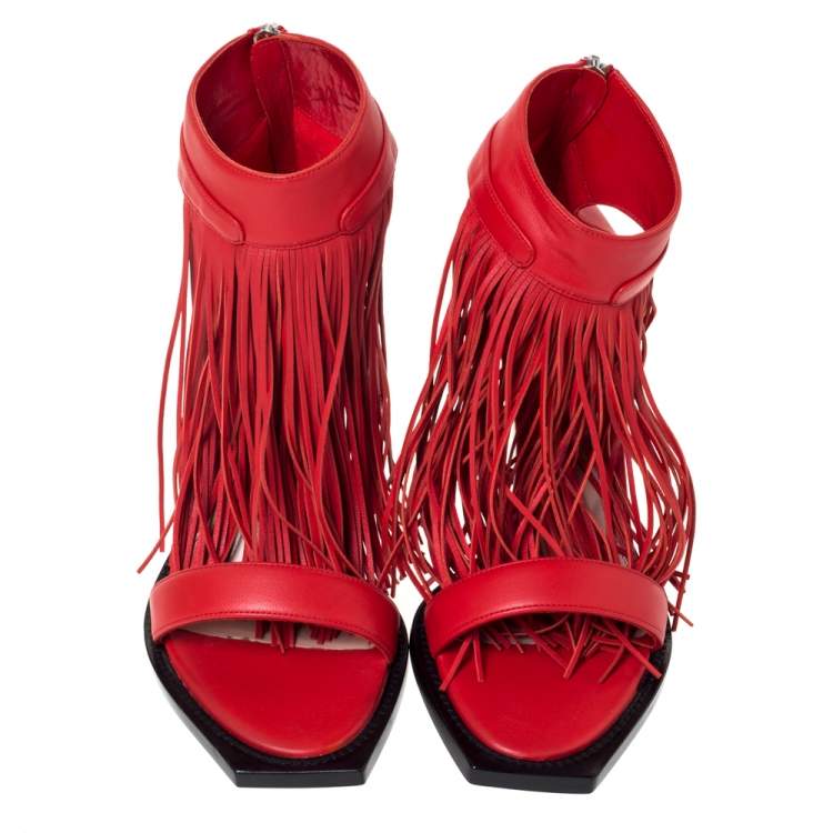 Pre Owned Alexander McQueen Red Leather Fringe Detail Sandals Size 38