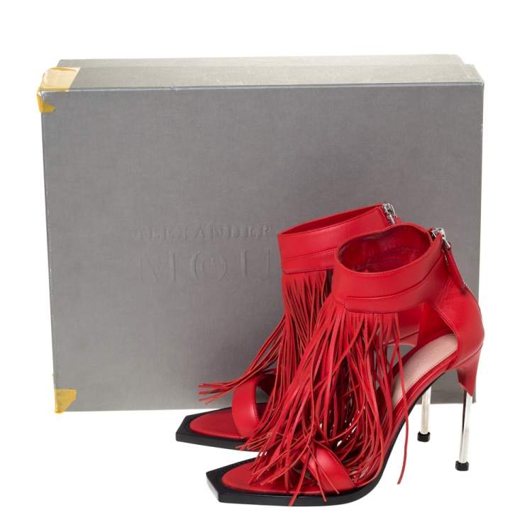 Pre Owned Alexander McQueen Red Leather Fringe Detail Sandals Size 38