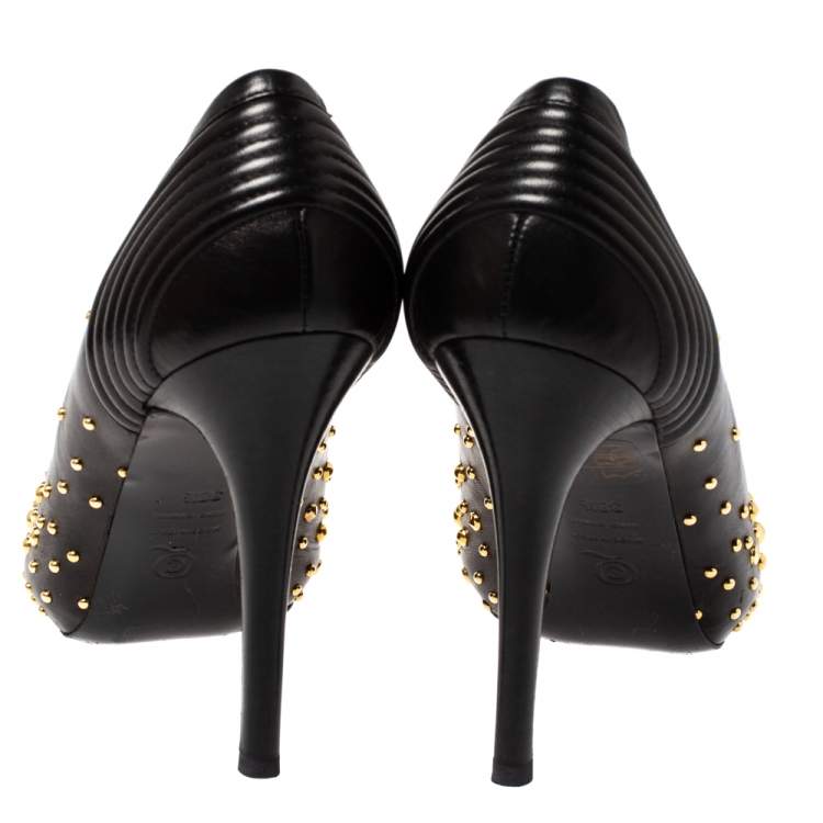 Pre Owned Alexander McQueen Black Leather Studded Peep Toe Pumps Size 38.5