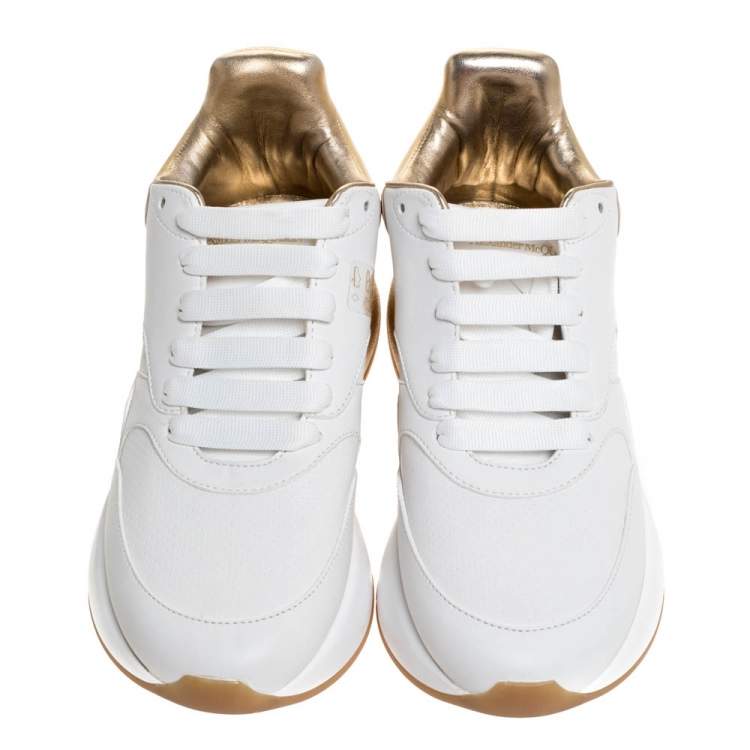 Pre Owned Alexander McQueen White/Gold Leather New Larry Low Top Sneakers Size 39.5