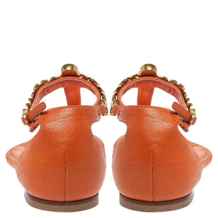 Pre Owned Alexander McQueen Orange Leather Crystal Embellished Skull Flat Thong Sandals Size 37