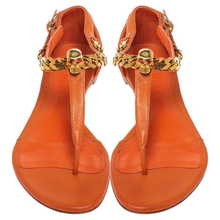 Pre Owned Alexander McQueen Orange Leather Crystal Embellished Skull Flat Thong Sandals Size 37
