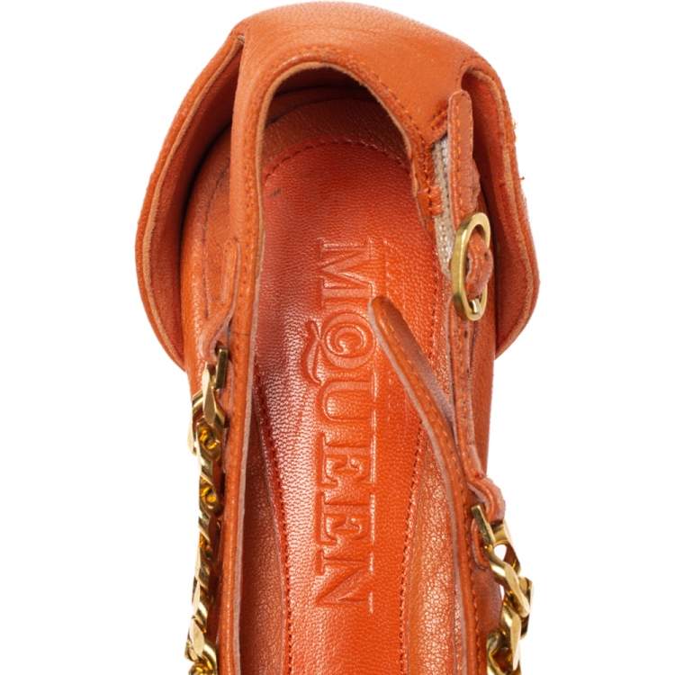Pre Owned Alexander McQueen Orange Leather Crystal Embellished Skull Flat Thong Sandals Size 37