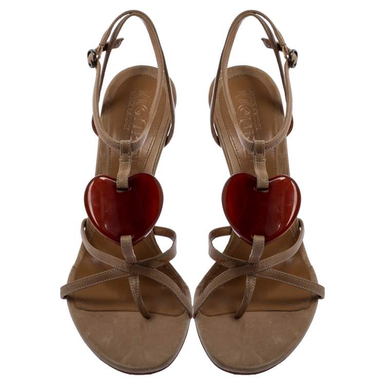 Pre Owned Alexander McQueen Beige Leather Heart T Strap Sandals Size 38.5