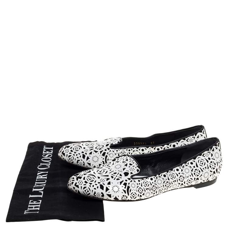 Pre Owned Alexander McQueen Monochrome Laser Cut Patent Leather Smoking Slippers Size 37