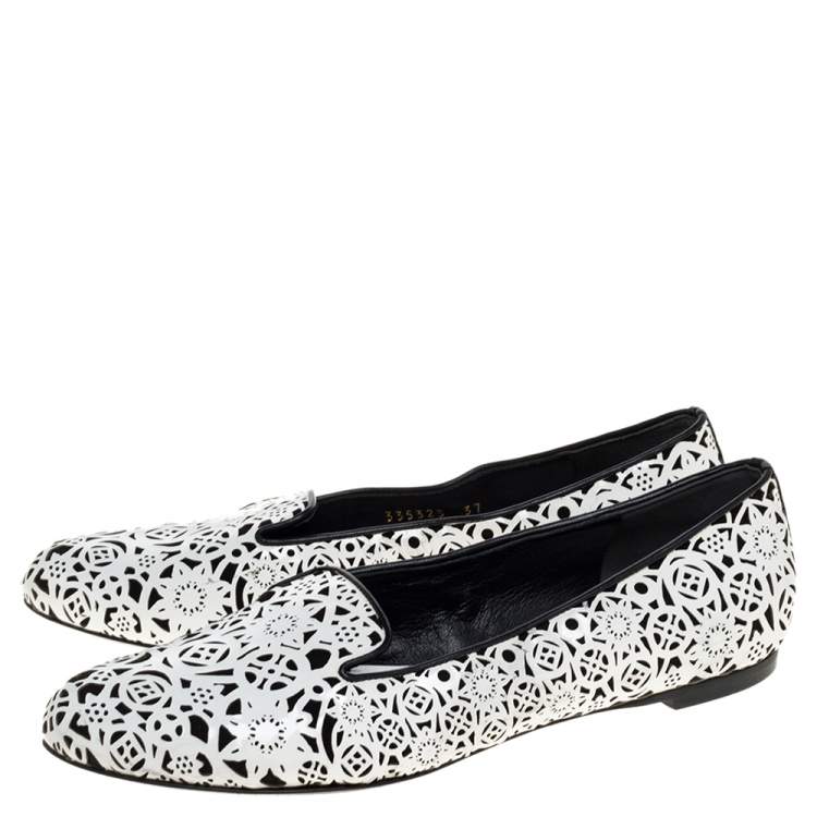 Pre Owned Alexander McQueen Monochrome Laser Cut Patent Leather Smoking Slippers Size 37