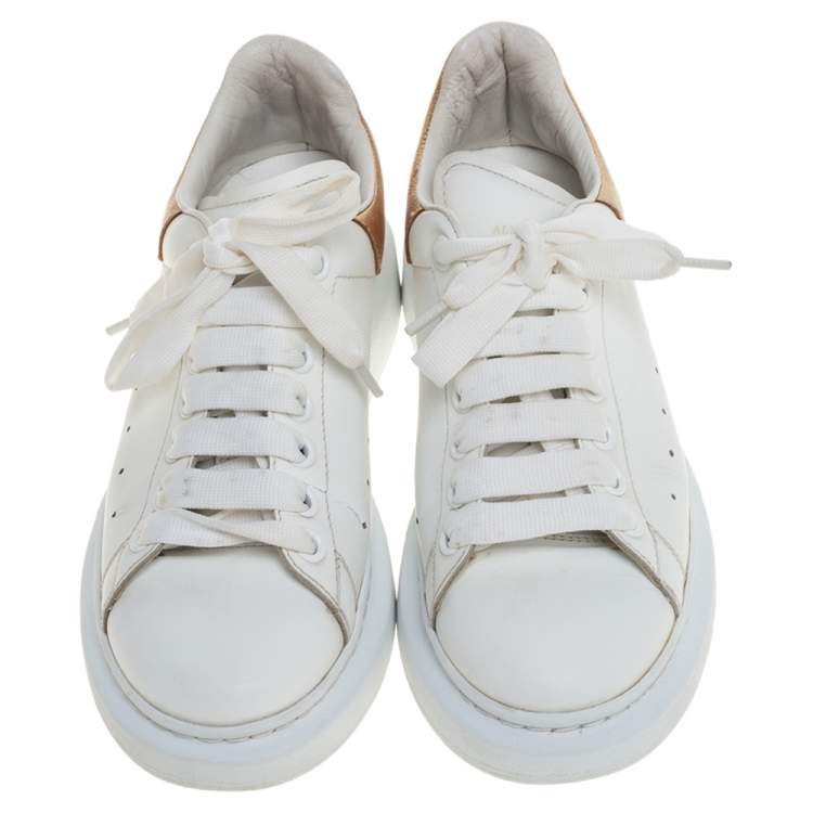 Pre Owned Alexander McQueen White/Gold Leather Platform Sneakers Size 39.5