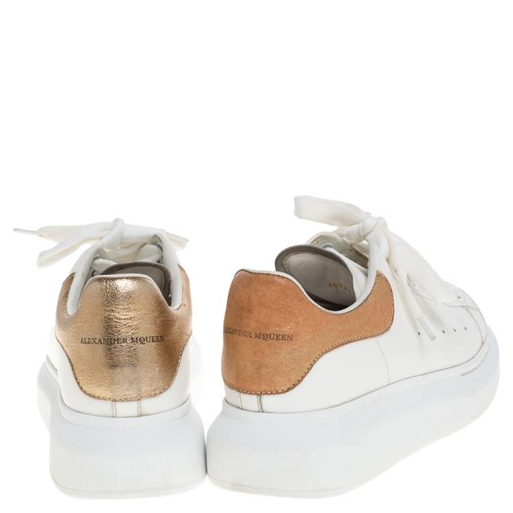 Pre Owned Alexander McQueen White/Gold Leather Platform Sneakers Size 39.5