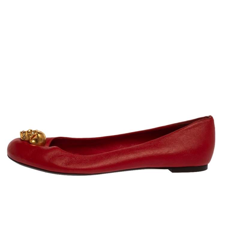 Pre Owned Alexander McQueen Red Leather Skull City Ballet Flats Size 39