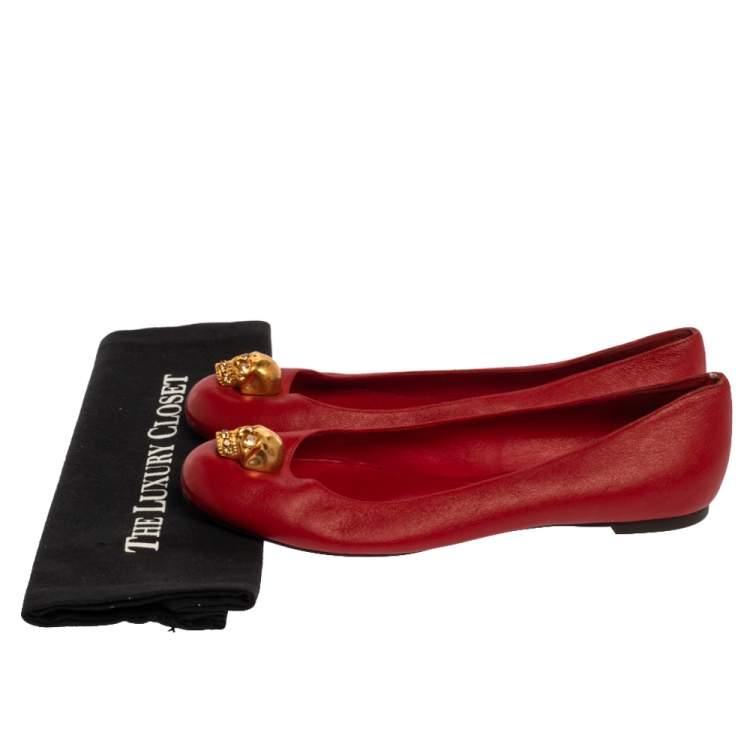 Pre Owned Alexander McQueen Red Leather Skull City Ballet Flats Size 39