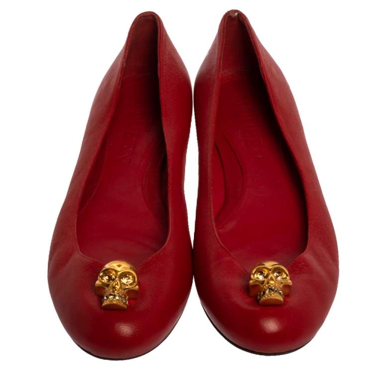 Pre Owned Alexander McQueen Red Leather Skull City Ballet Flats Size 39
