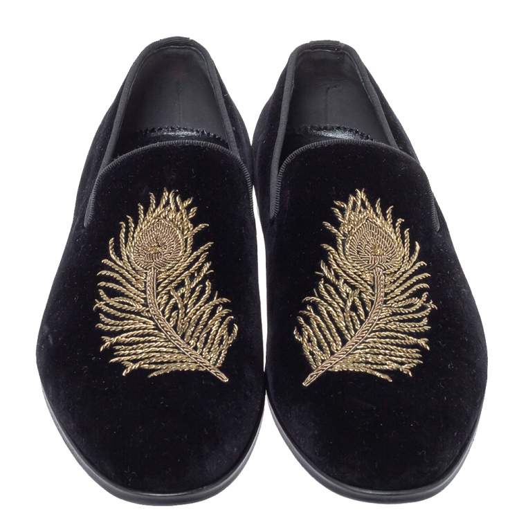 Pre Owned Alexander McQueen Black Velvet Feather Embroidered Smoking Slippers Size 40