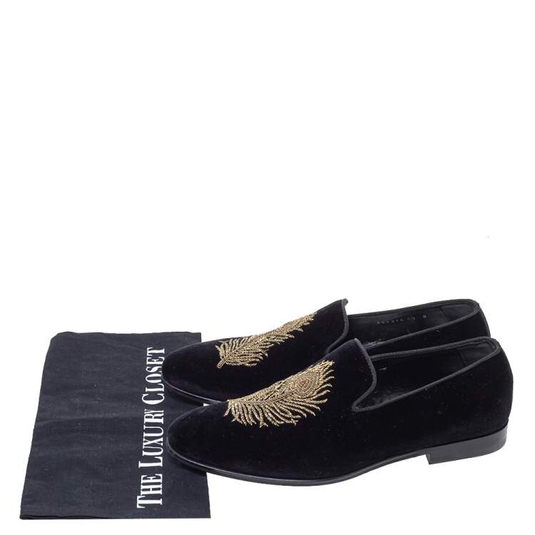 Pre Owned Alexander McQueen Black Velvet Feather Embroidered Smoking Slippers Size 40