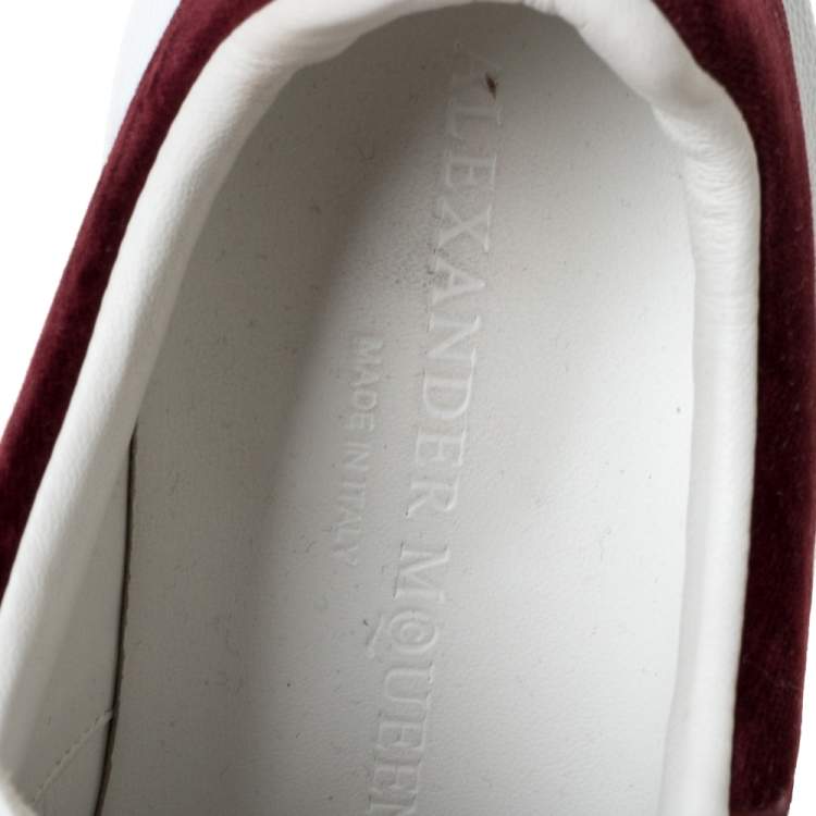 Pre Owned Alexander McQueen White Leather And Burgundy Velvet Oversized Velcro Strap Sneakers Size 38