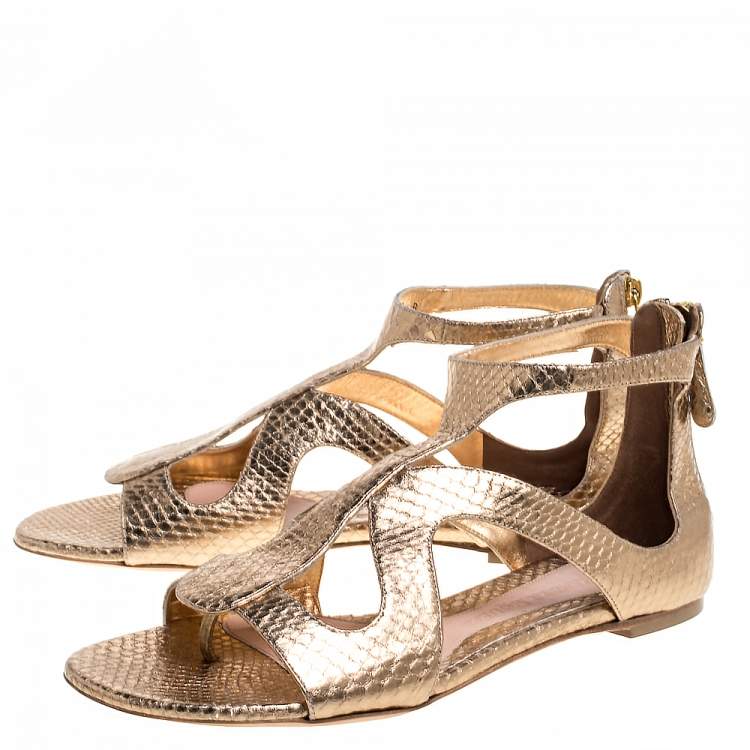 Pre Owned Alexander McQueen Gold Python Embossed Leather Cutout Flat Sandals Size 40