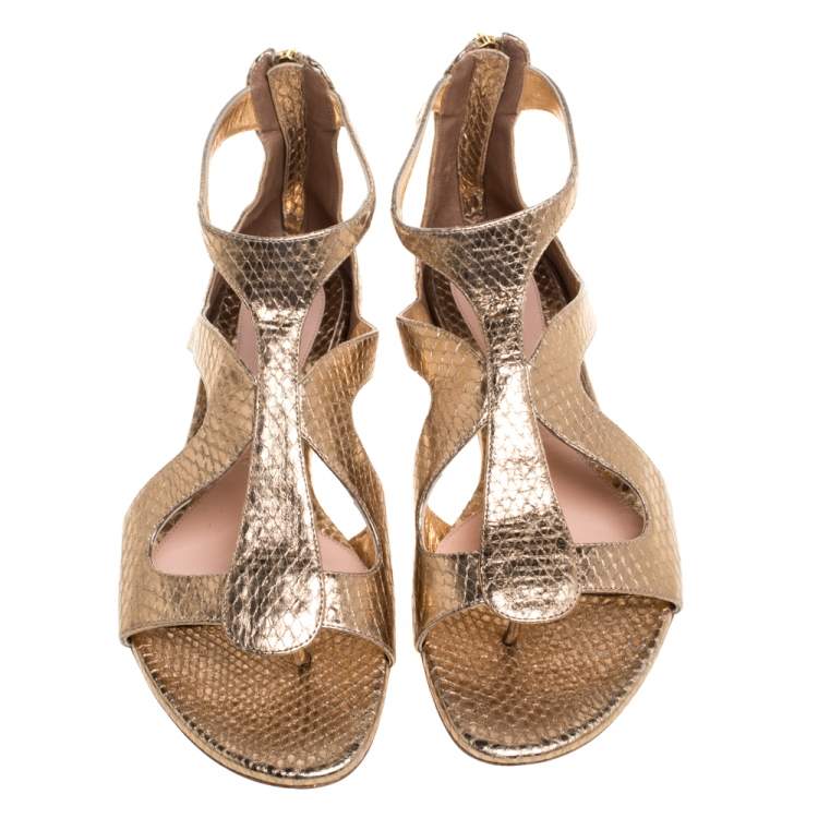 Pre Owned Alexander McQueen Gold Python Embossed Leather Cutout Flat Sandals Size 40