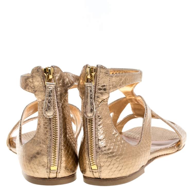 Pre Owned Alexander McQueen Gold Python Embossed Leather Cutout Flat Sandals Size 40