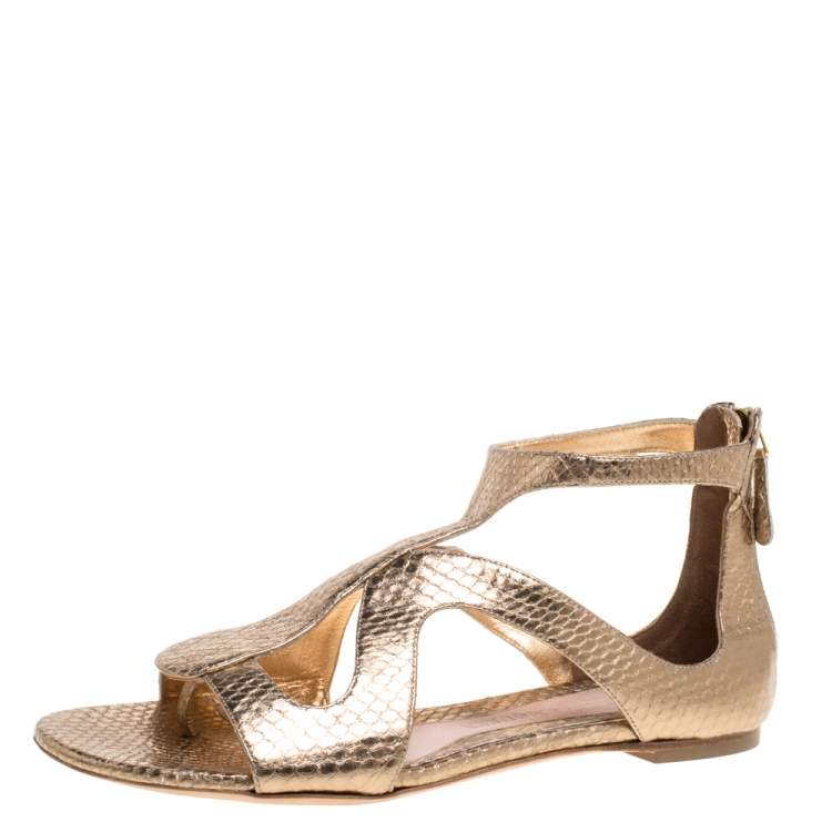 Pre Owned Alexander McQueen Gold Python Embossed Leather Cutout Flat Sandals Size 40