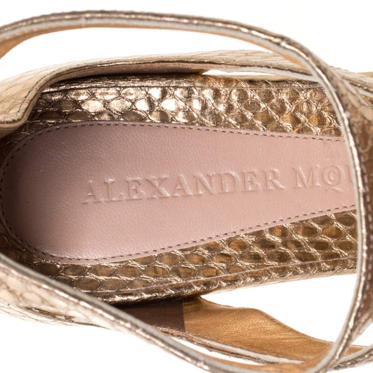 Pre Owned Alexander McQueen Gold Python Embossed Leather Cutout Flat Sandals Size 40
