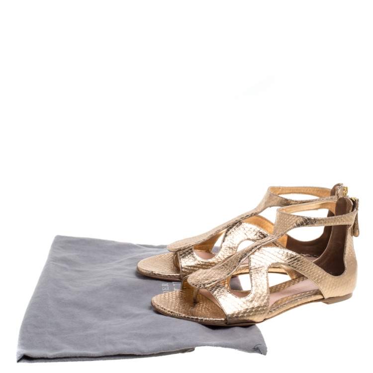 Pre Owned Alexander McQueen Gold Python Embossed Leather Cutout Flat Sandals Size 40