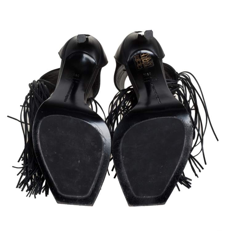 Pre Owned Alexander McQueen Black Leather Fringe Detail Sandals Size 38.5