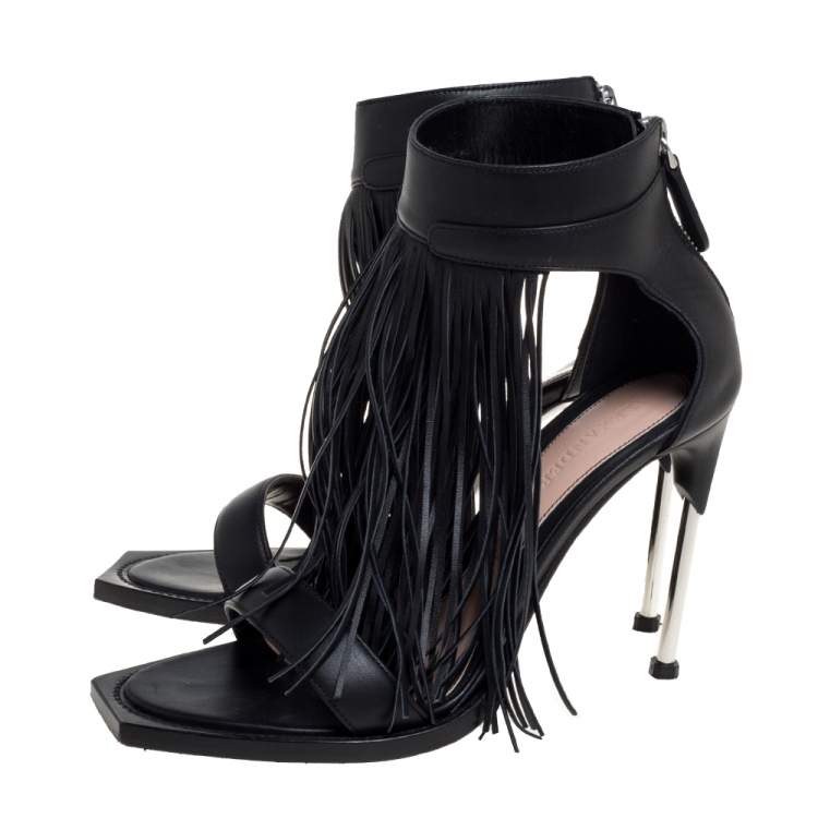 Pre Owned Alexander McQueen Black Leather Fringe Detail Sandals Size 38.5