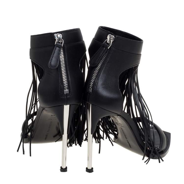 Pre Owned Alexander McQueen Black Leather Fringe Detail Sandals Size 38.5