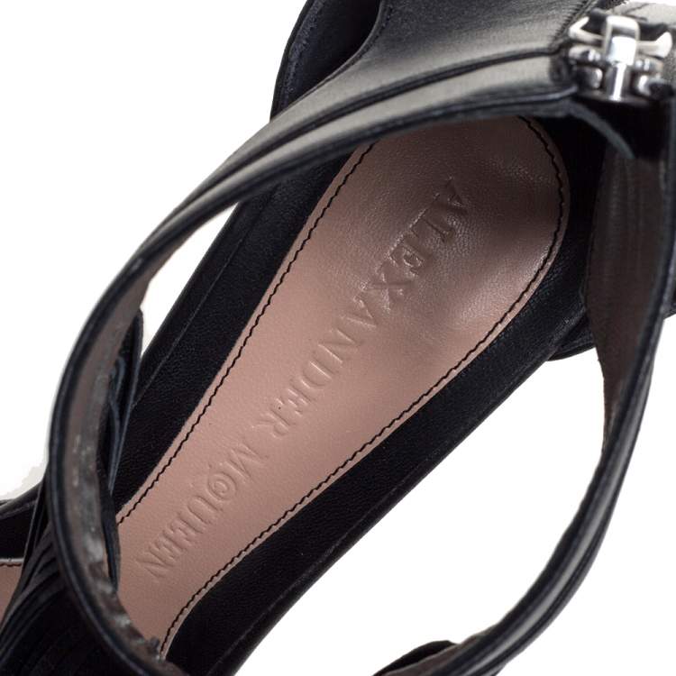 Pre Owned Alexander McQueen Black Leather Fringe Detail Sandals Size 38.5